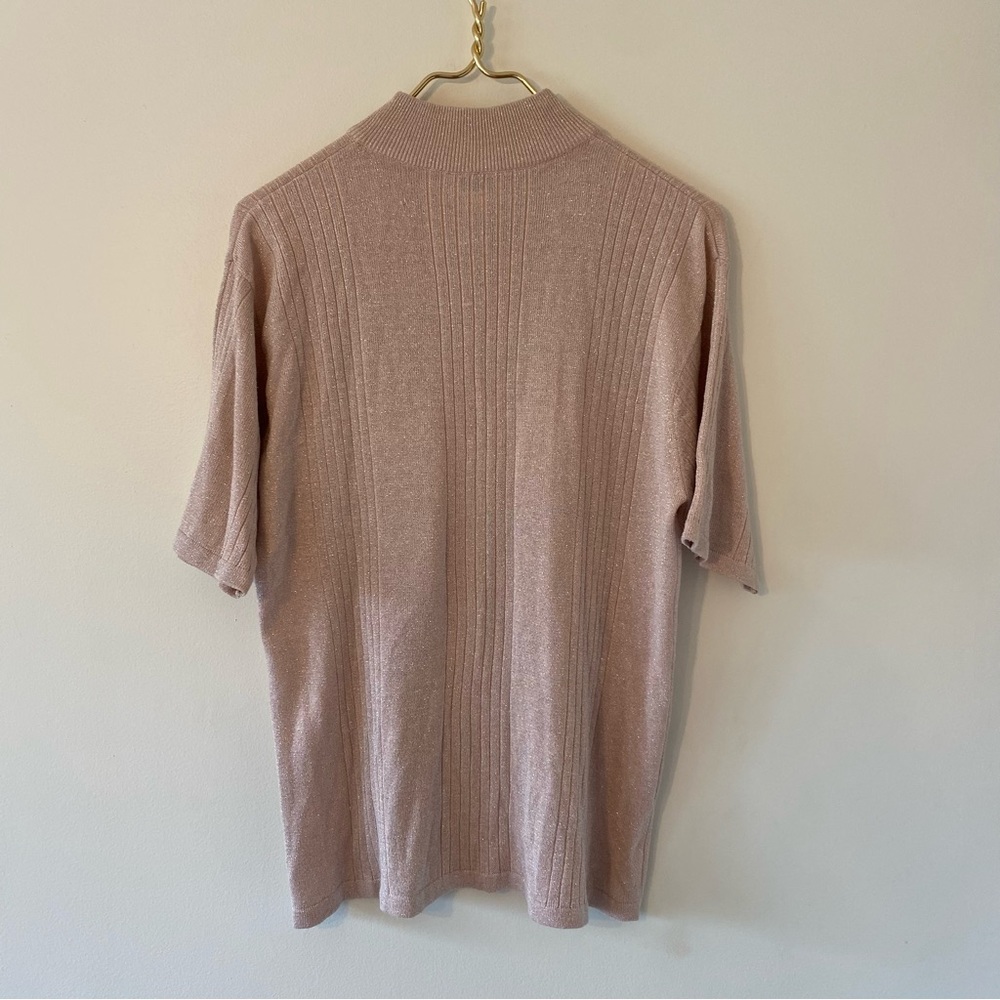 Vintage sparkly pink silk pullover mock-neck short sleeve sweater